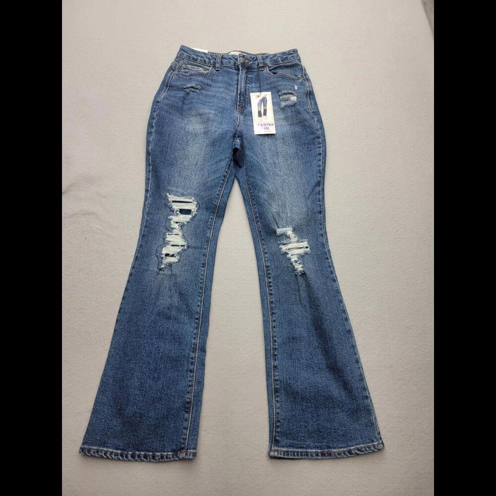 Vanilla Star Women Jeans 7 Blue Flared Distressed Zipper  High Rise